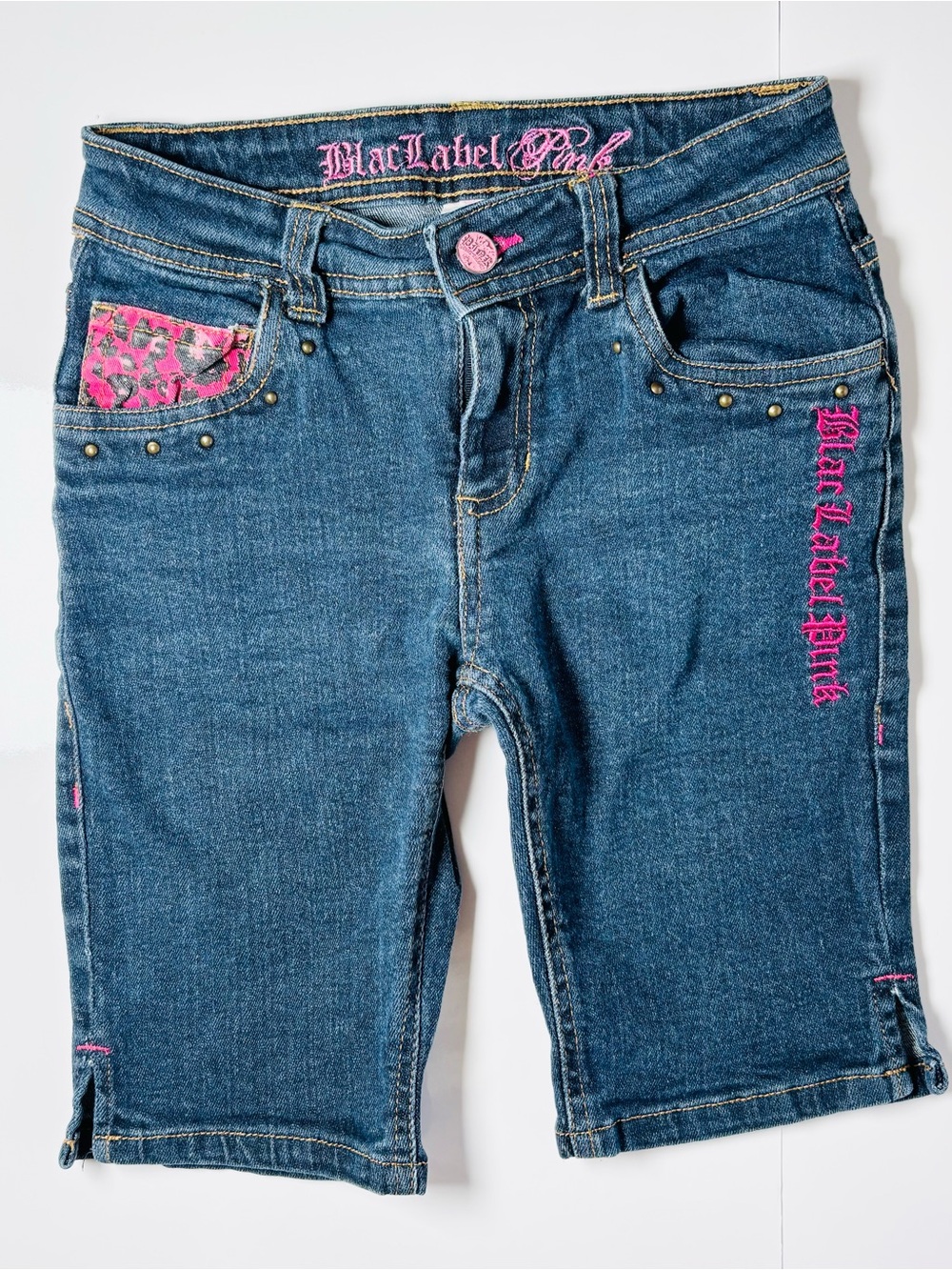 Blac Label Pink Girls Y2K Denim Bermuda Shorts Pink Leopard Print Mcbling 10